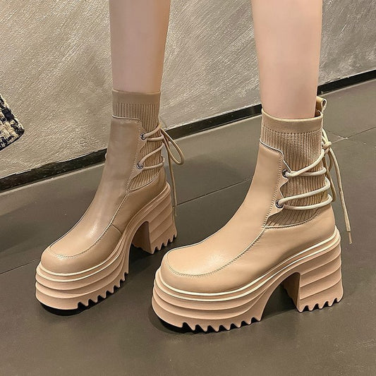 Nova - Thick Bottom Knitting Strap Boots